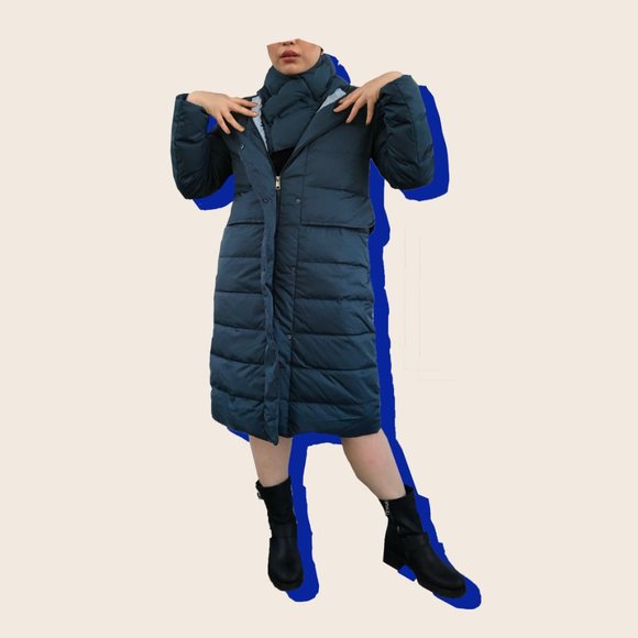 JennU Navy Winter Maxi Long Down Coat scarf - Picture 5 of 6